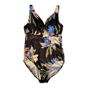 Kona Sol Black Floral One Piece Swimsuit Size M tropical vacation beach